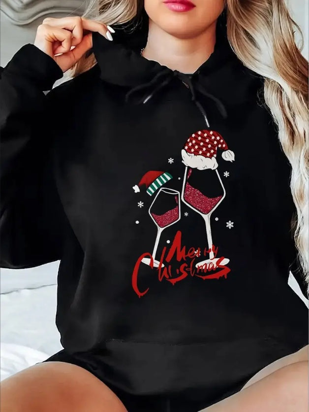 Women's Cozy Cotton Hoodie With Festive Wine Glass Print - Casual Pullover Sweatshirt, Perfect For All Seasons