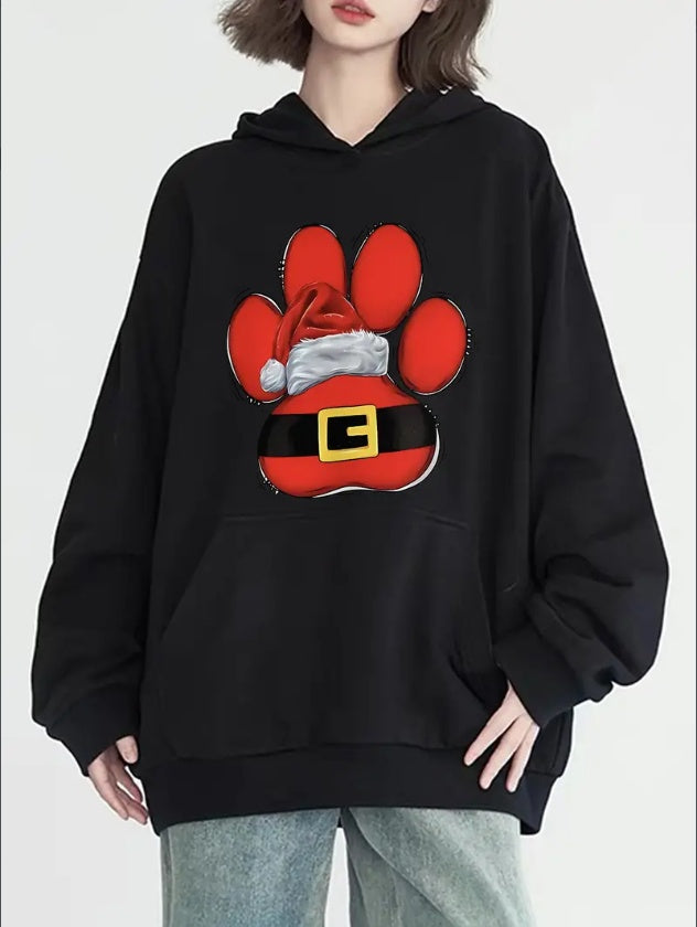 Women'S Casual Christmas Paw Print Hoodie, Long Sleeve, Crew Neck, Front Pocket, For All Seasons
