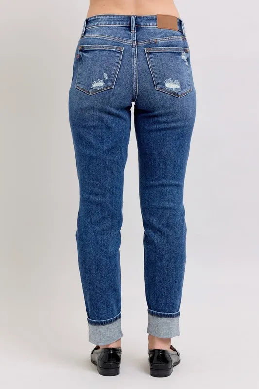 Judy Blue Full Size Mid Rise Boyfriend destroy Jeans with Yoke Pockets and Faux Selvedge Cuff Plus Size