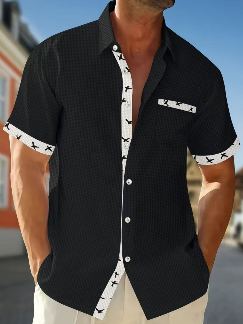 Men's Full Size Contrast Trim Waffle Knit Short Sleeve Shirt Plus Size