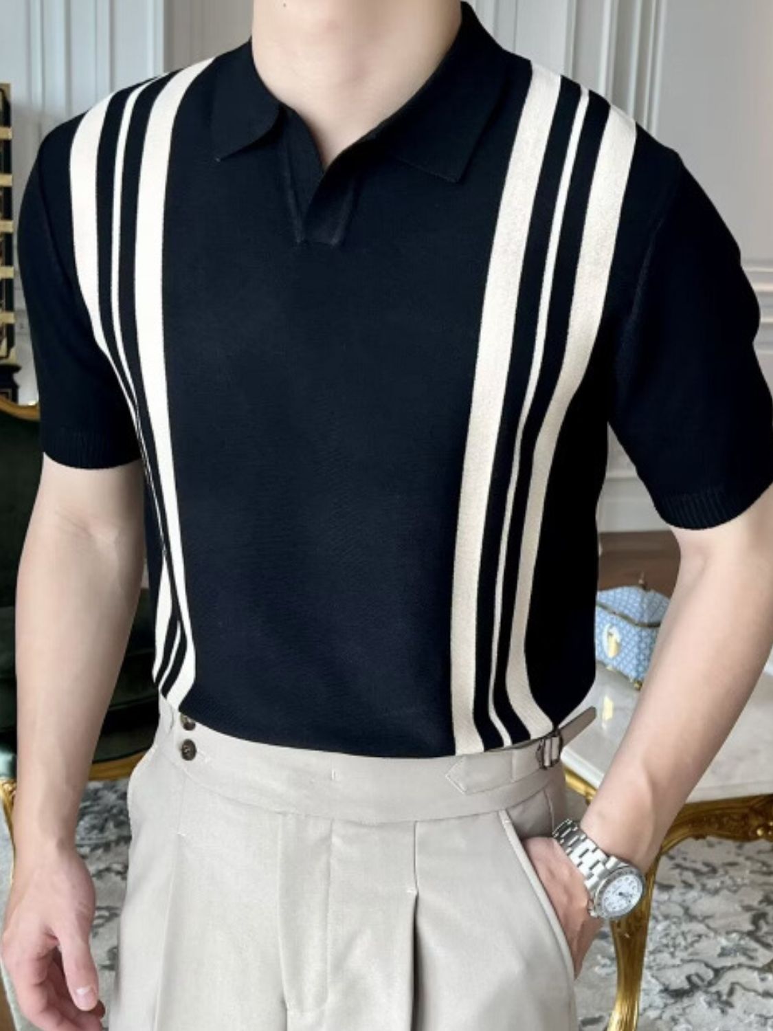 Men's Plus Size Contrast Collared Neck Short Sleeve Polo