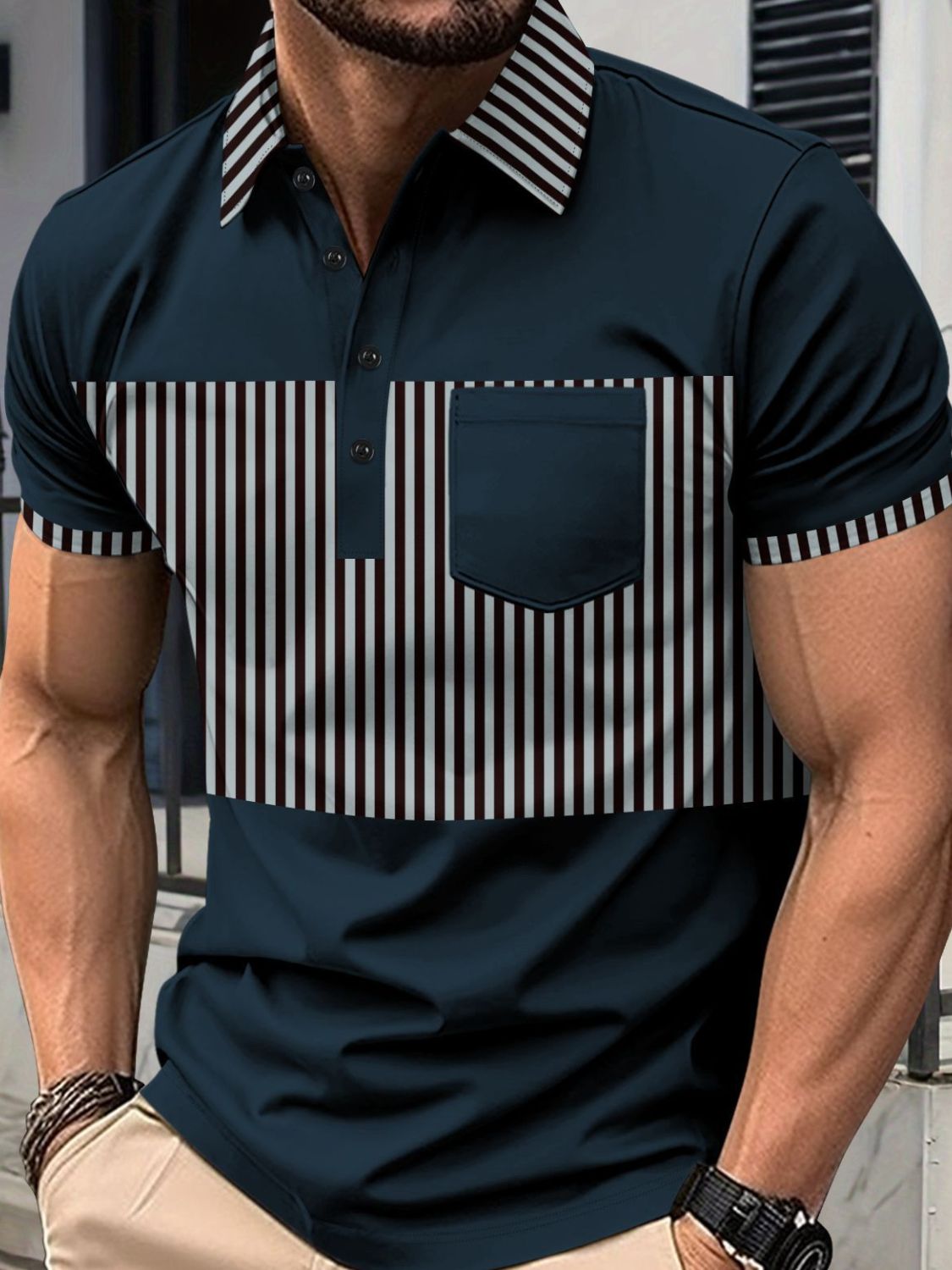 Men's Full Size Collared Contrast Striped Polo Plus Size