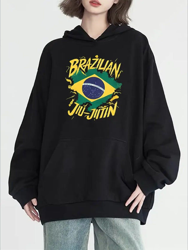 Women's Casual Hoodie With Brazilian Letter Print - Long Sleeve, Round Neck With Pockets, Cozy  Pullover For Fall & Winter, For Autumn, Spring