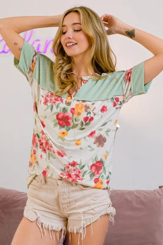 BiBi Floral Button Detail Round Neck Short Sleeve Terry T-Shirt