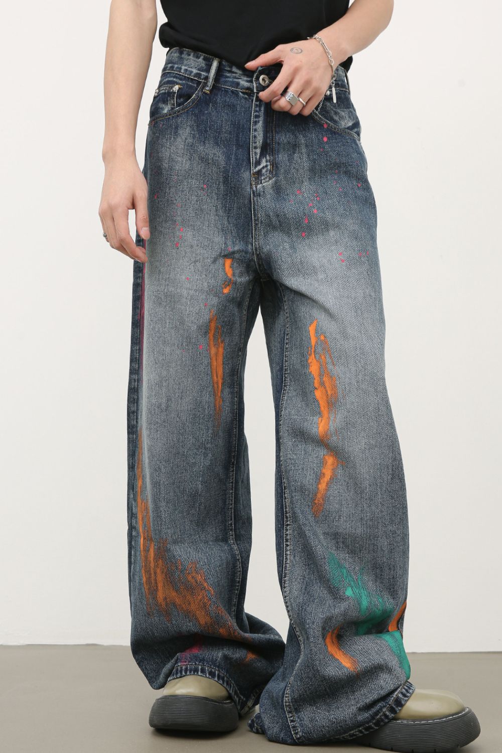 Men's Splash Print Wide Leg Jeans