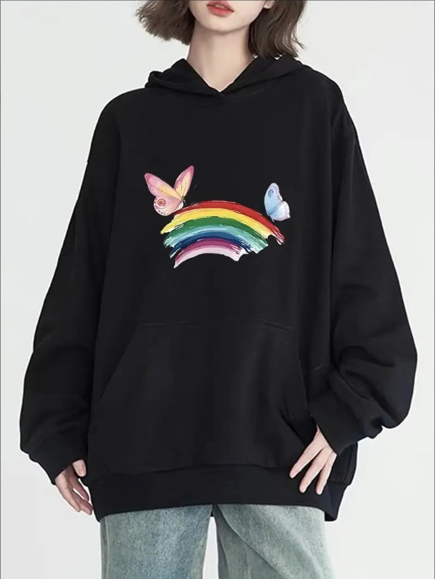 Women's Casual Hoodie With Rainbow Butterfly Print - Long Sleeve, Round Neck With Pockets, Cozy Pullover For Fall & Winter