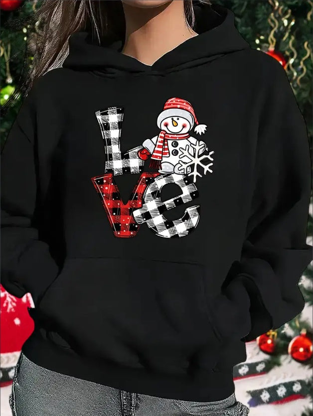 Women'S Christmas Snowman Love Print Hoodie - Casual Long Sleeve Hooded Sweatshirt With Kangaroo Pocket, Applique Detail, Knit Fabric, Hooded Collar For Spring Fall