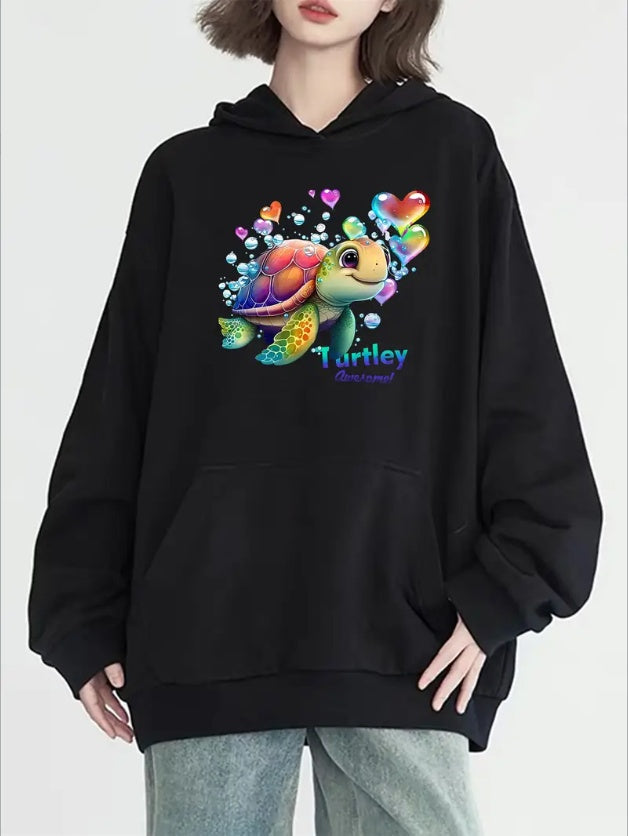 Cozy Turtle Print Hoodie With Kangaroo Pocket - Casual Long Sleeve Pullover For Women, Machine Washable