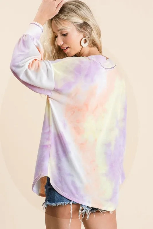 BiBi Tie Dye French Terry V-Neck Top with Puff Sleeves