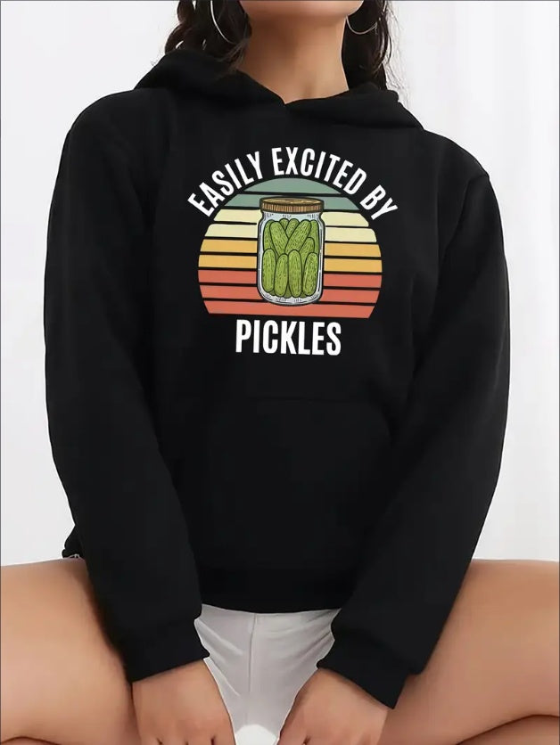 Women's Fun Pickle Print Hoodie - Casual Hooded Sweatshirt With Kangaroo Pocket, Cozy All-Season Pullover  Fashionable Alphabet Graphic Active Hooded Top