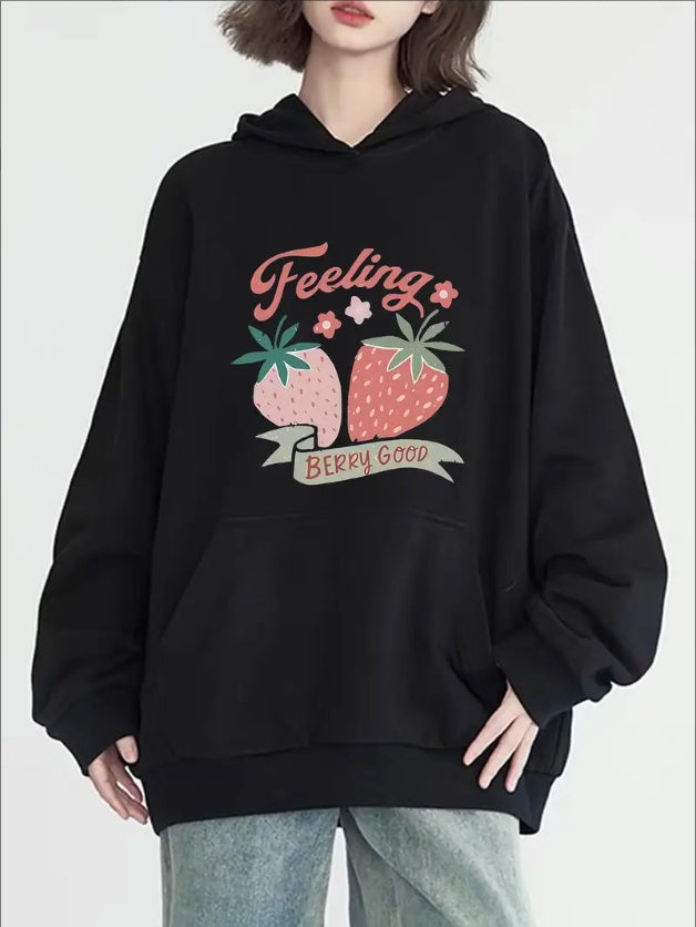 Women's Chic Pink Strawberry Print Hoodie - Casual Long Sleeve With Pockets, Cozy Pullover For Fall & Winter
