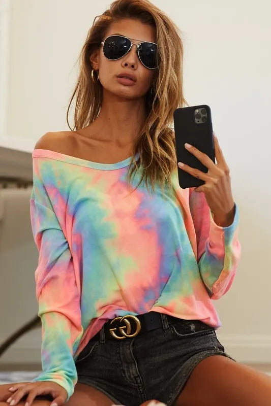 BiBi Tie Dye French Terry  Long Sleeve Knit Top