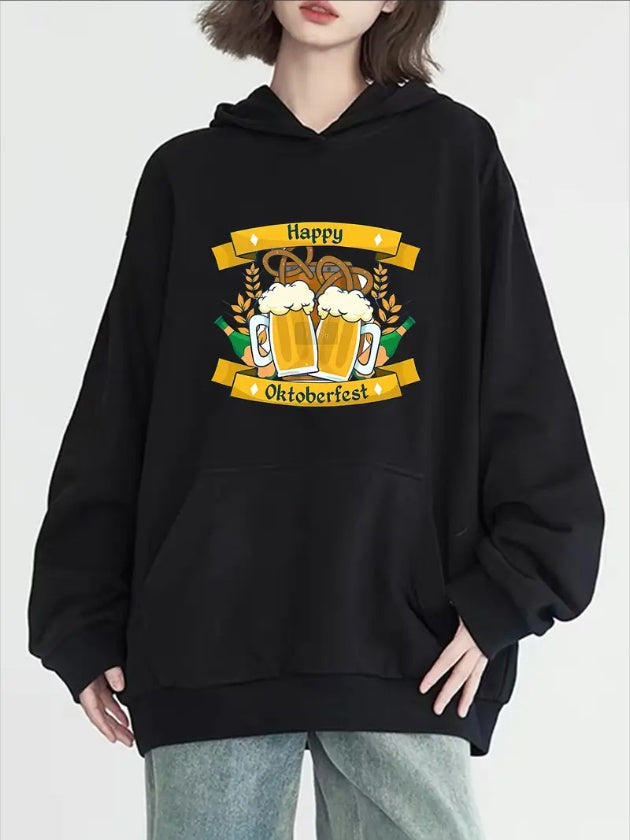 Women's Fashion Beer Festival Happy Graphic Print Hoodie, Long Sleeve, Crew Neck, With Pocket, Casual Pullover, Versatile Fashion For Fall & Winter