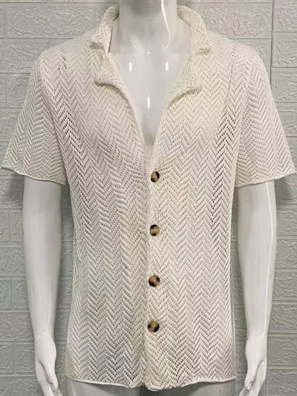 Men's Plus Size Herringbone Eyelet Button Down Knit Shirt