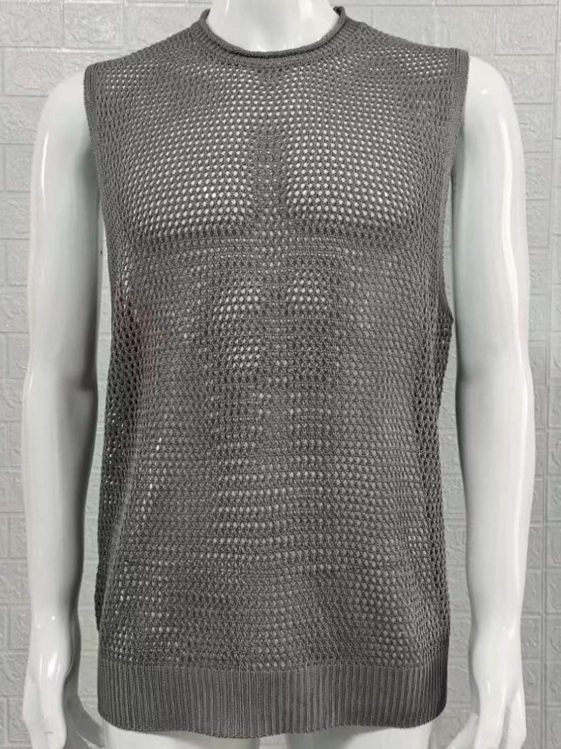 Men's Openwork Round Neck Sleeveless Knit Top