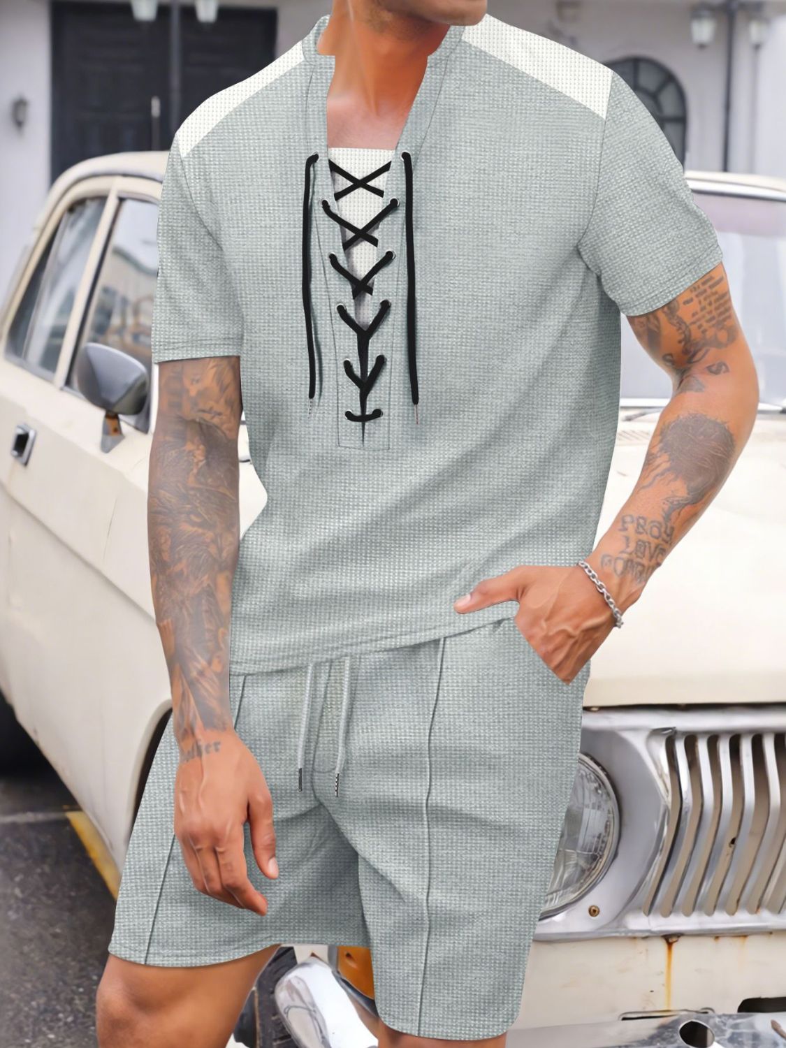 Men's Full Size Lace-Up Waffle Knit Top and Shorts Set Plus Size