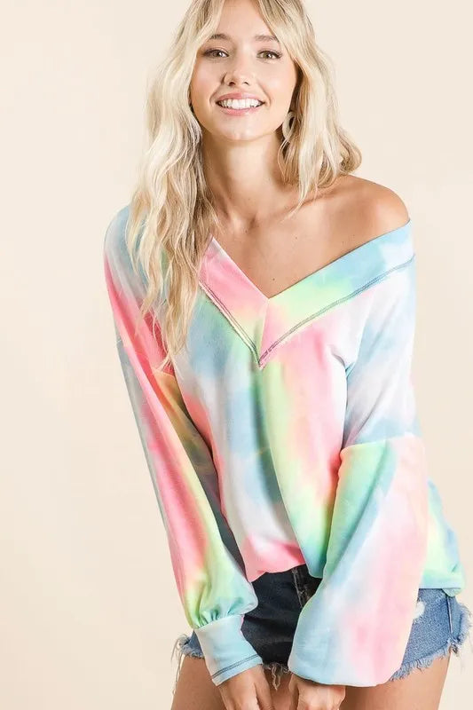 BiBi Tie Dye French Terry V-Neck Top with Puff Sleeves