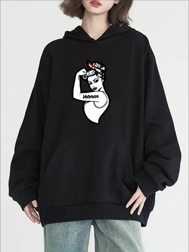 Women's Fashion Hoodie With Empowering Military Print - Casual Pullover With Pockets, Long Sleeve & Kangaroo Pocket, Perfect For Fall & Winter
