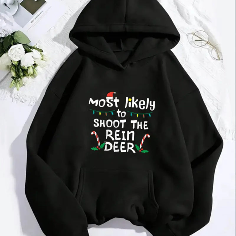Christmas Reindeer Graphic Hoodie For Women, Casual Long Sleeve Hooded Sweatshirt With Kangaroo Pocket, Animal Pattern, For All Seasons