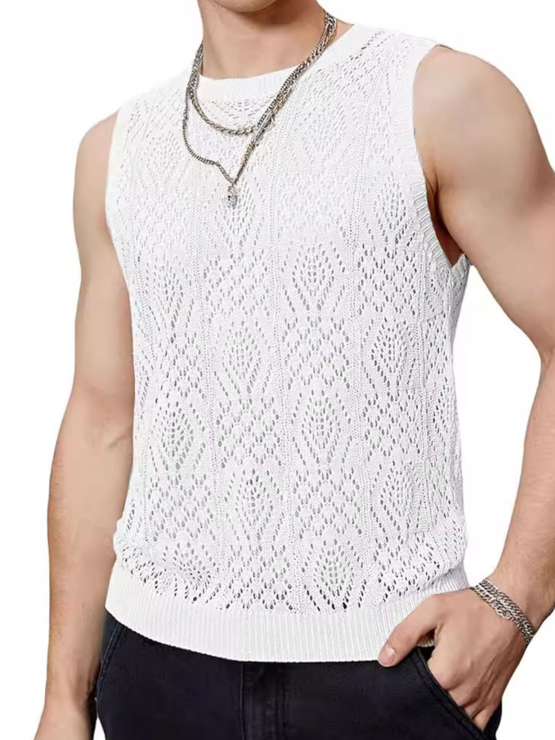 Men's Openwork Round Neck Tank