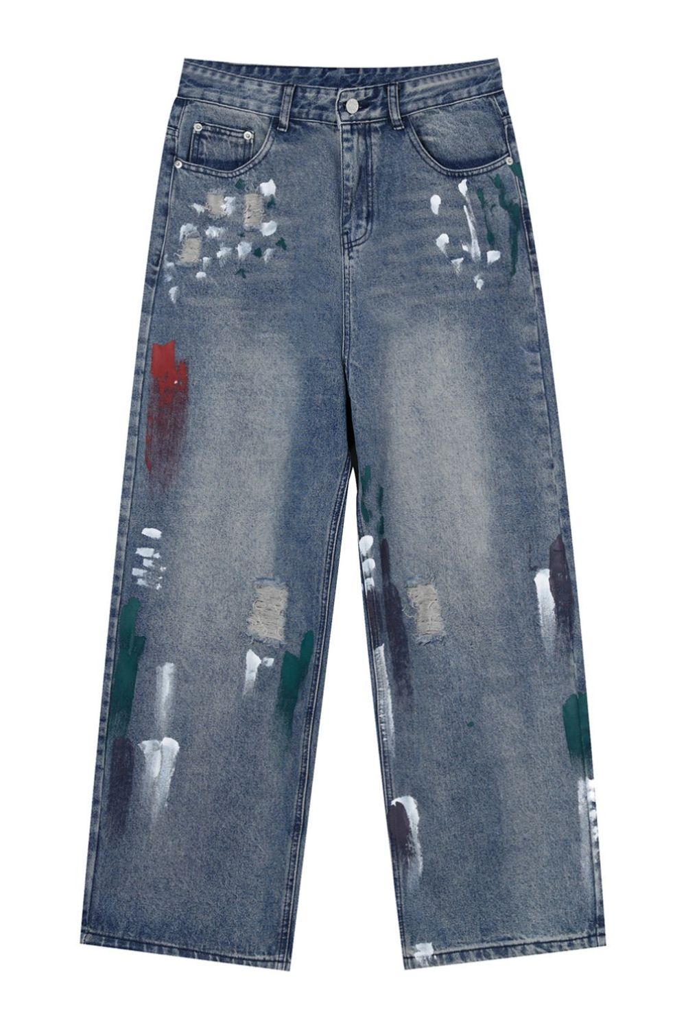 Washed Distressed Wide-Leg Jeans
