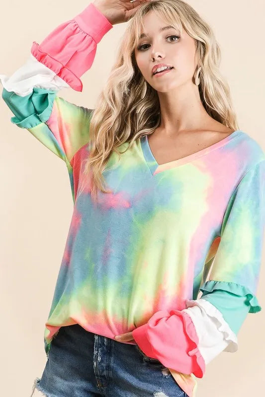 BiBi Tie Dye V Neck Top with Color Block Sleeves