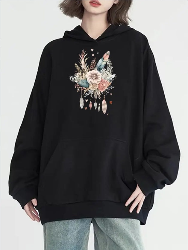 Women's Casual Floral Print Hoodie With Kangaroo Pocket - Cozy Pullover, Long Sleeve, Machine Washable, Fashionable Graphic Sweatshirt For All Seasons