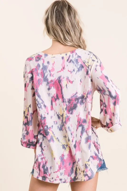 BiBi Tie Dye Print Terry A Line Top with Bell Sleeves
