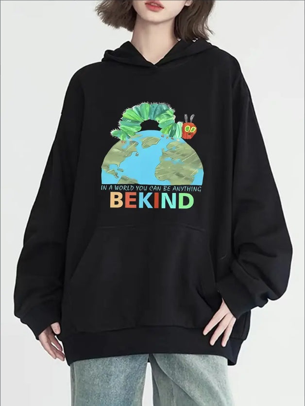 BE KIND Print Kangaroo Pocket Hoodie, Casual Long Sleeve Hoodies Sweatshirt, Women's Clothing