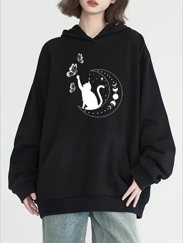 Women's Casual Hoodie With Cat & Moon Print - Cozy Long Sleeve Pullover With Kangaroo Pocket,Machine Washable