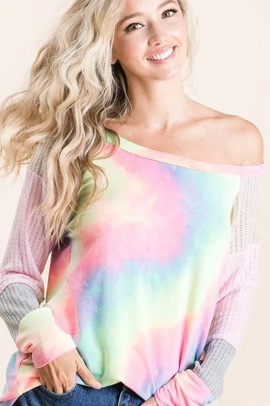 BiBi Tie Dye Terry Top with Color Block Pointelle Knit