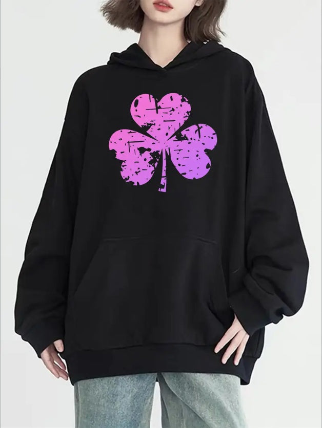 Playful Graphics, Women's Casual Clover Print Hoodie With Kangaroo Pocket - Long Sleeve,Machine Washable