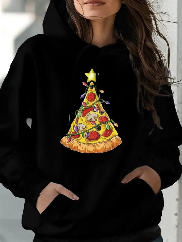 Oversized Hoodie For Women Front Print Pizza Christmas  Sweatshirt Kangaroo Pocket Print Lightweight Trendy For Autumn Winter Casual Sweatshirt