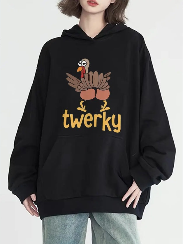 Women's Casual Hoodie, Turkey Print, Long Sleeves, Kangaroo Pockets, Cozy Knitted Pullover For Autumn And Winter