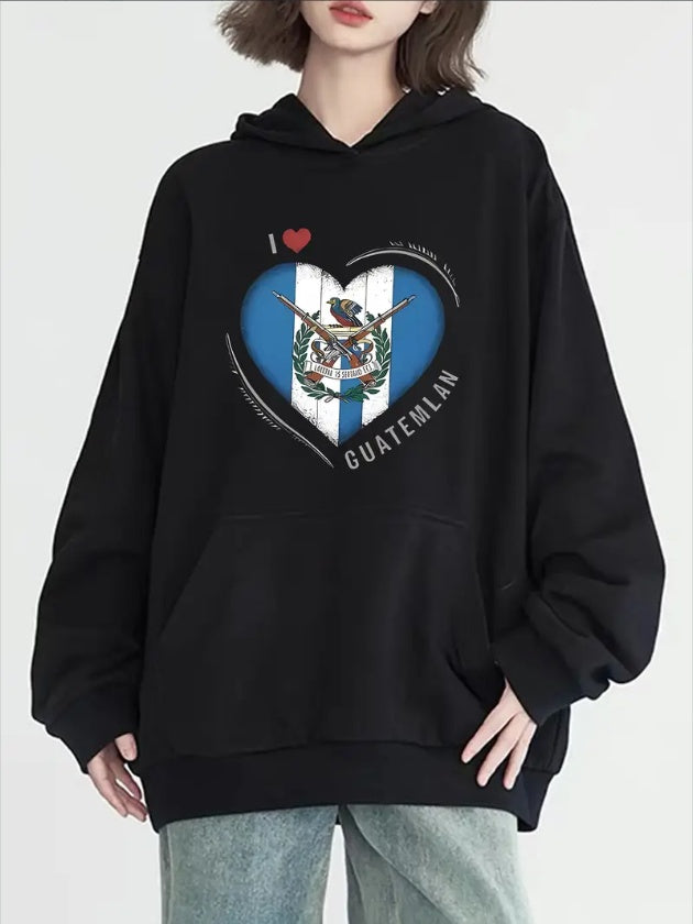 Women's Casual Hoodie With Guatemala Heart Print - Long Sleeve, Round Neck With Pockets, Cozy  Pullover For Fall & Winter, For Autumn, Spring