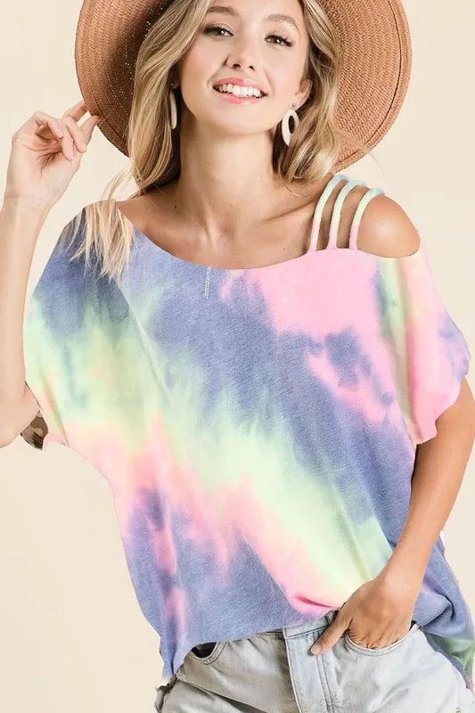 BiBi Tie Dye French Terry Strapped One Shoulder Top