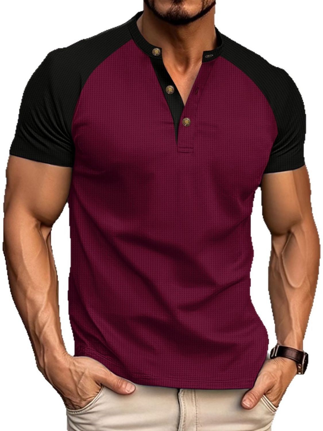 Men's Full Size Waffle-Knit Round Neck Contrast Polo Plus Size