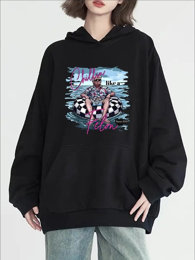 Women's Casual Hoodie With Pool Party Print - Long Sleeve, Round Neck With Pockets, Cozy Knit Pullover For Fall & Winter