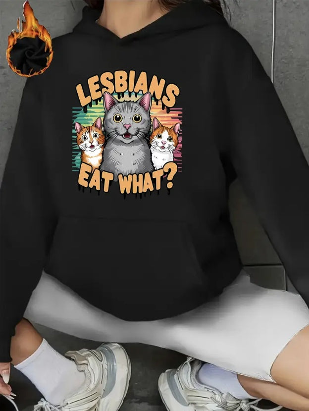 Casual Long-Sleeve Hoodie With Cartoon Cat Graphic,Hooded Pullover With Kangaroo Pocket For Women - All-Season Casual Hooded Sweatshirt With Print Detail