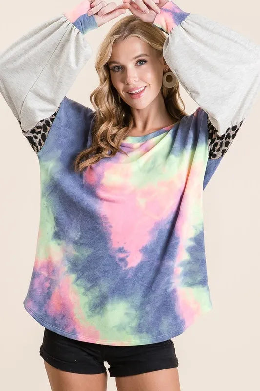 BiBi Tie Dye Terry Top with Contrast Puff Sleeves