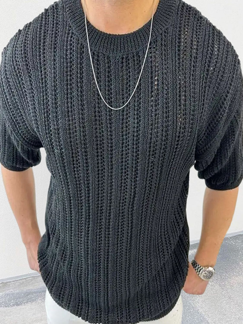 Men's Openwork Round Neck Knit T-Shirt