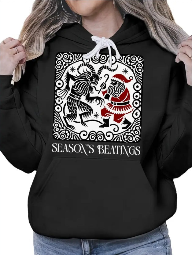 Women'S Casual Hoodie With Krampus Vs Santa Graphic Print - Cozy Pullover With Hood For Fall Winter Season, Soft Long Sleeve Holiday Hoodie