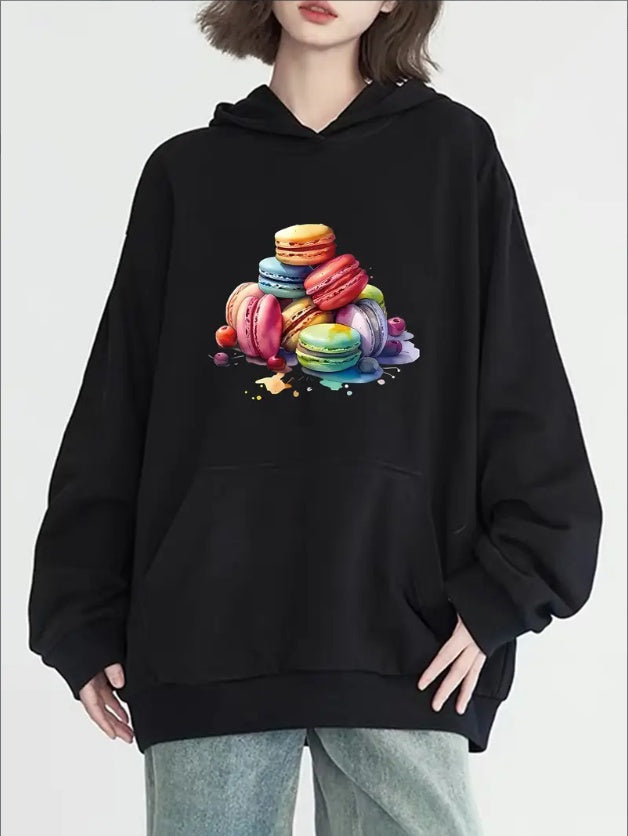 Fashion Macaroon Print Kangaroo Pocket Hoodie, Casual Long Sleeve Hooded Sweatshirt, Women's Clothing