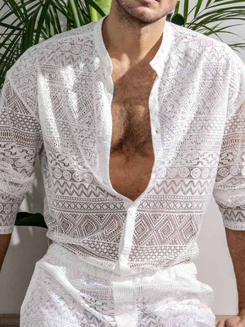 Men's Full Size Lace Button Down Top and Shorts Set Plus Size