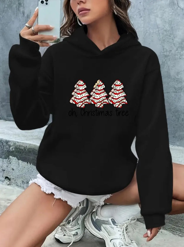 Women'S Casual Rib-Knit Hoodie With Letter & Graphic Print, Polyester Knit Fabric, Alphabet & Christmas Pattern, Slogan & Cartoon Design, Drawstring Hooded Sweatshirt