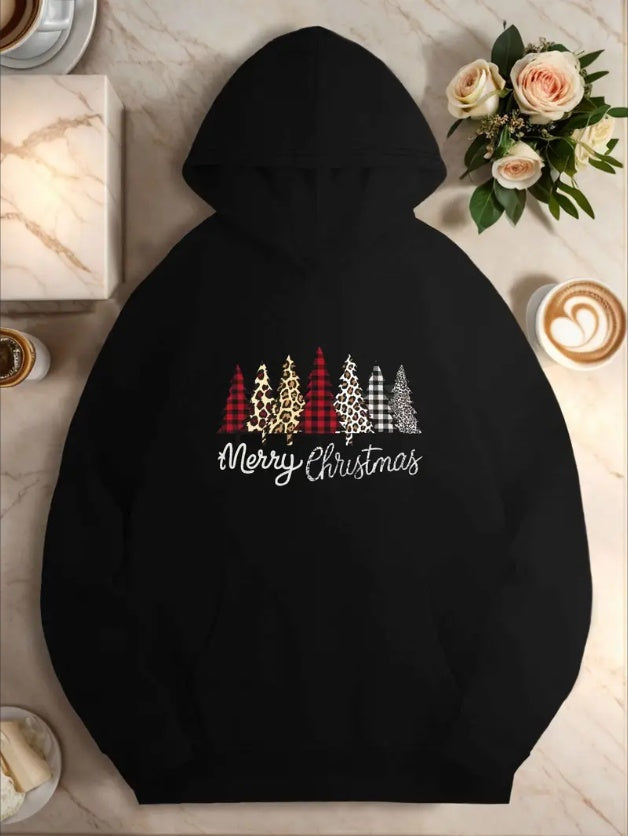 Women's  Hoodie With Stylized Trees Christmas Illustration, Casual Hooded Sweatshirt With Pocket, Geometric Pattern Perfect For Fall Winter Season