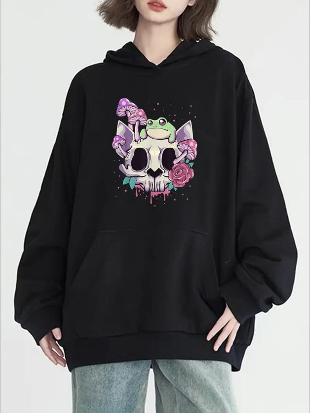 Plus Size Women'sSkull Print Hoodie, Casual Long Sleeve Kangaroo Pocket Hooded Sweatshirt, Women's Clothing