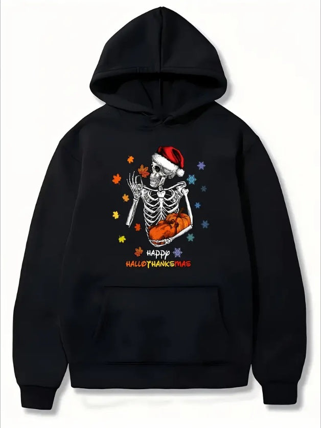 Women'S Casual Hoodie With Skeleton Pumpkin Christmas Print, Long Sleeve, Hooded, Pullover, Regular Fit, Fall Winter Collection