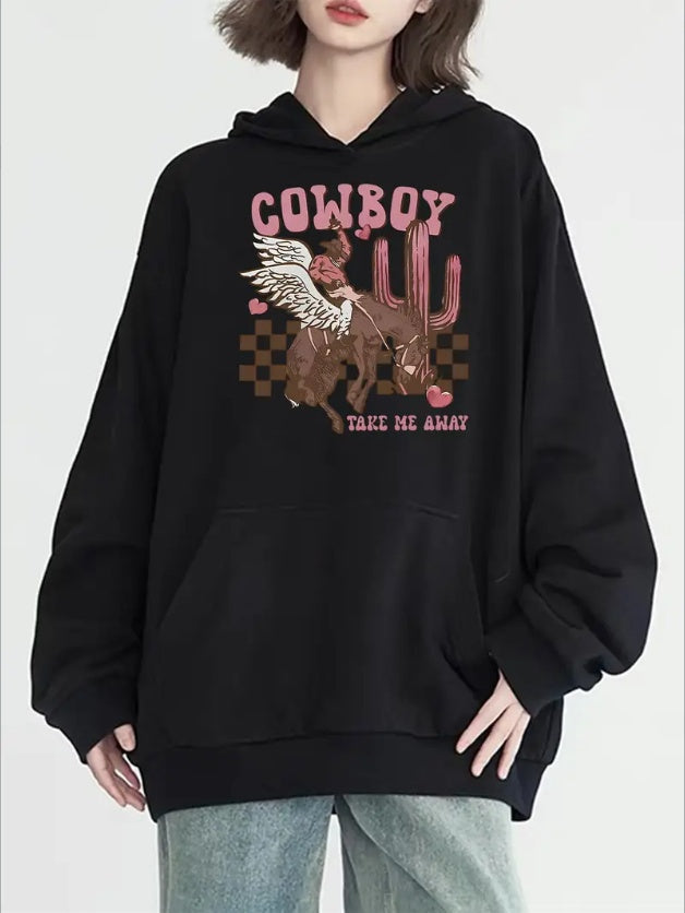 Women's Casual Denim-Print Hoodie With Kangaroo Pocket - Long Sleeve, Machine Washable