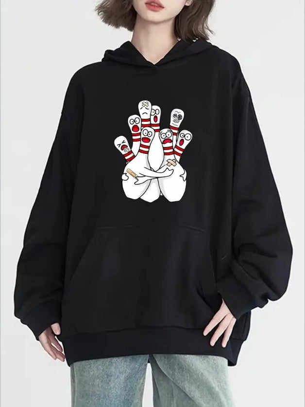 Ladies' Relaxed Hoodie With Kangaroo Pockets - Featuring A Bowling Pin Print Design